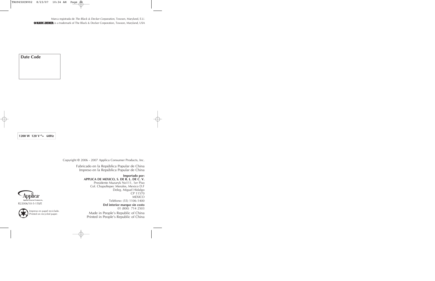 Date code | Black & Decker TRO965 User Manual | Page 11 / 11