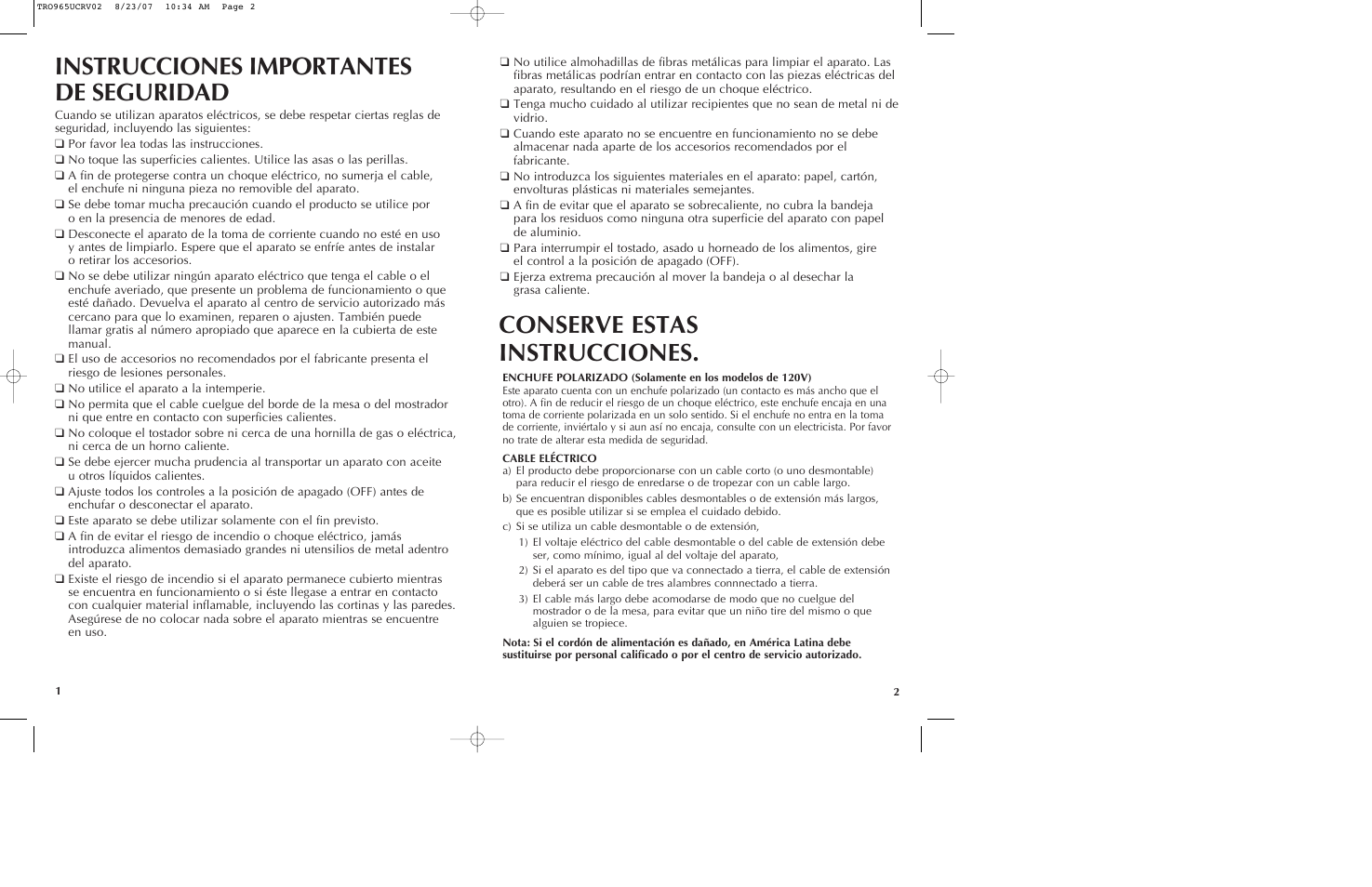 Instrucciones importantes de seguridad, Conserve estas instrucciones | Black & Decker TRO965 User Manual | Page 2 / 11