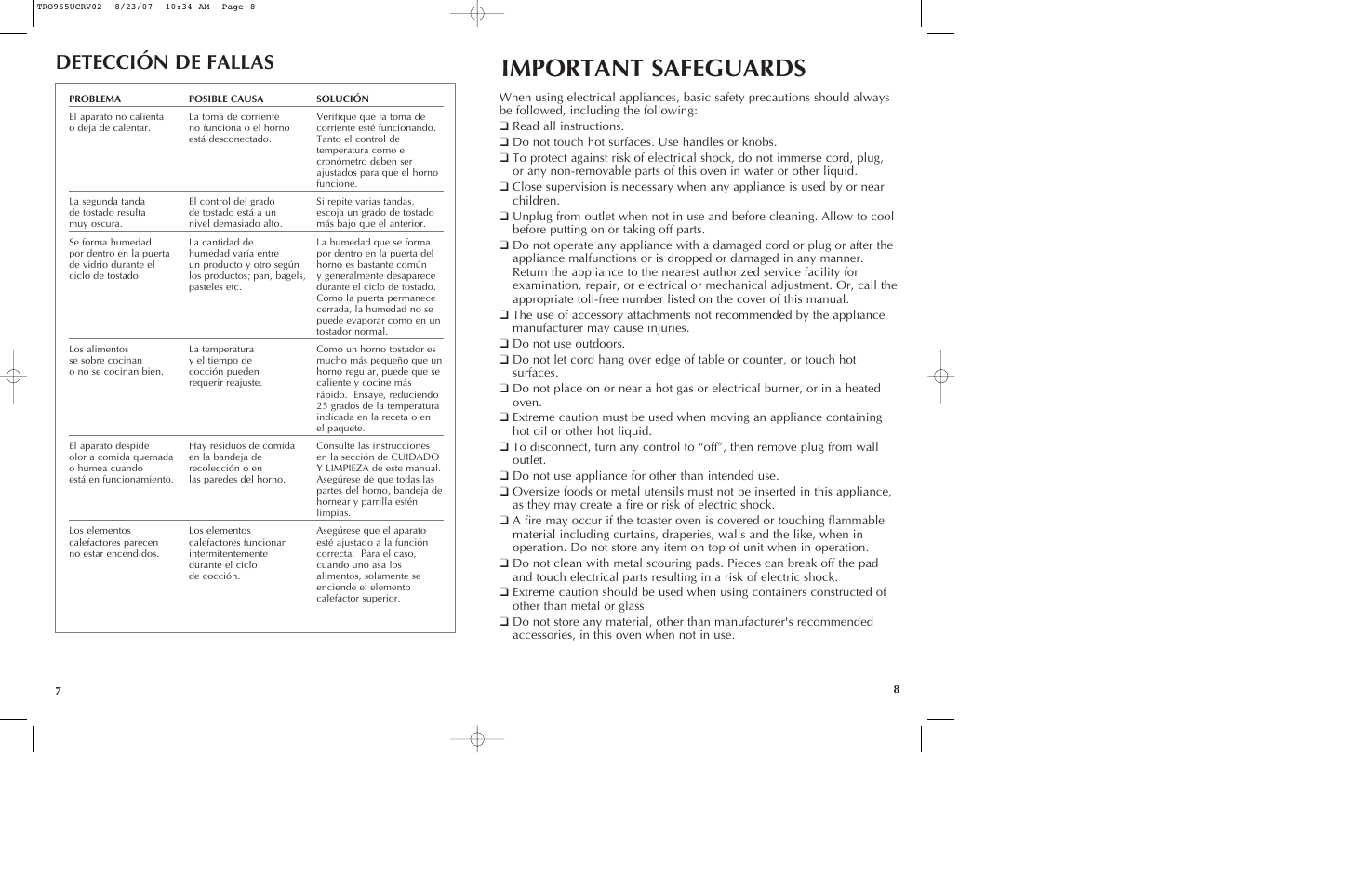 Important safeguards, Detección de fallas | Black & Decker TRO965 User Manual | Page 5 / 11