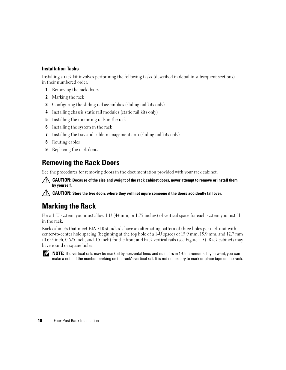 Installation tasks, Removing the rack doors, Marking the rack | Dell PowerEdge R300 User Manual | Page 12 / 202