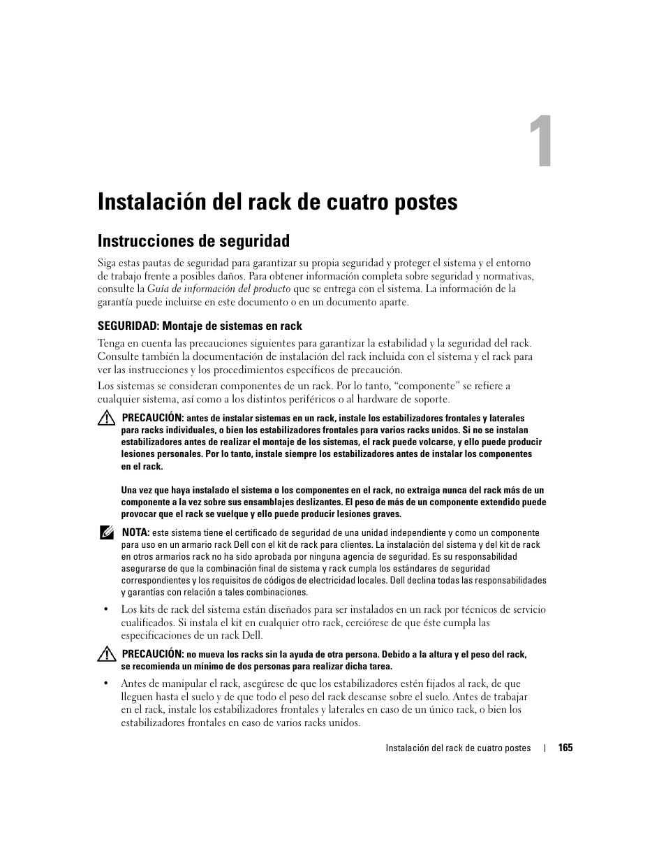 Instalación del rack de cuatro postes, Instrucciones de seguridad, Seguridad: montaje de sistemas en rack | Dell PowerEdge R300 User Manual | Page 167 / 202