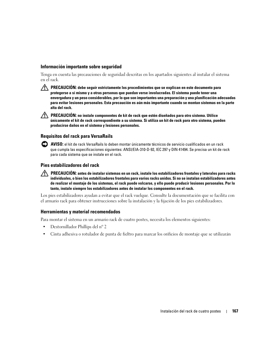 Información importante sobre seguridad, Requisitos del rack para versarails, Pies estabilizadores del rack | Herramientas y material recomendados | Dell PowerEdge R300 User Manual | Page 169 / 202