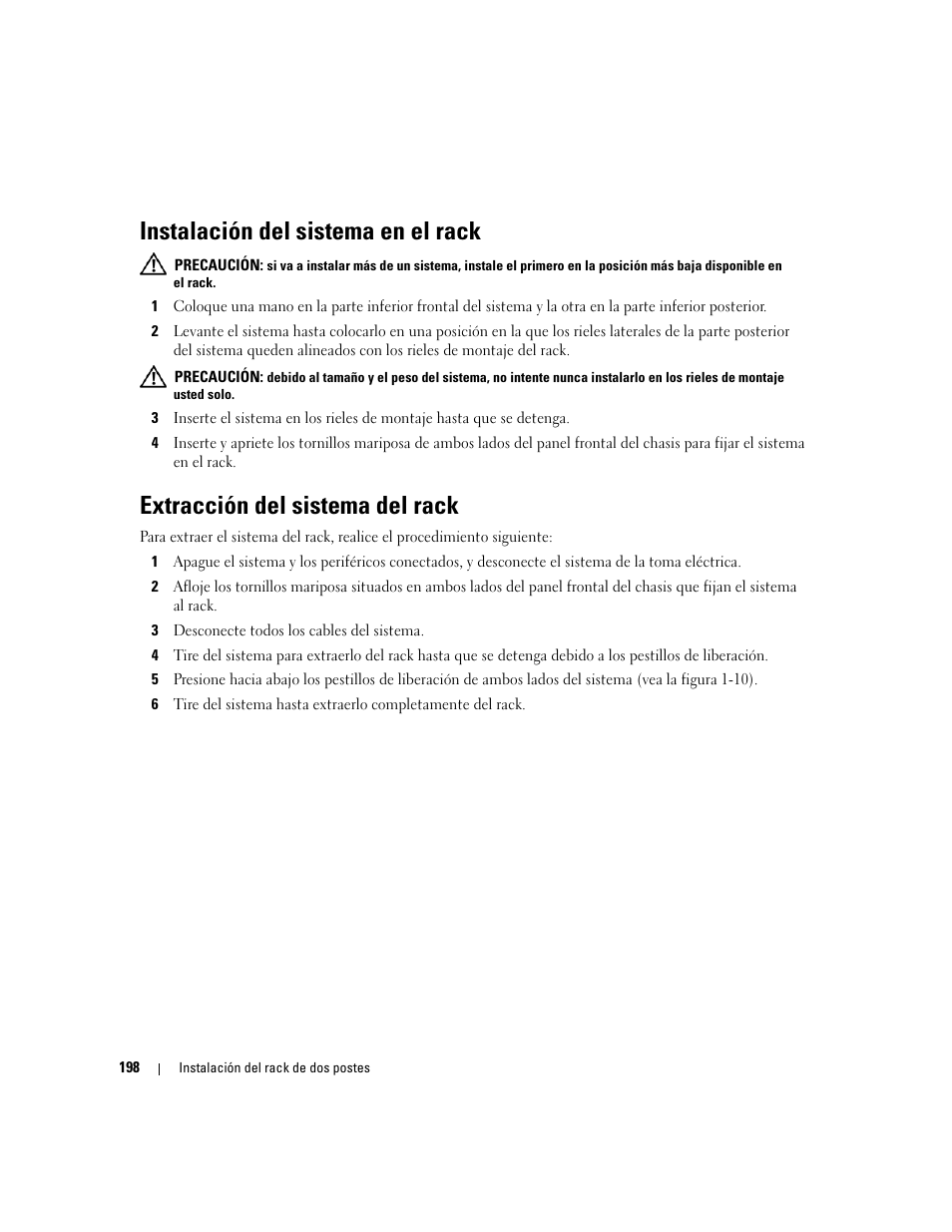 Instalación del sistema en el rack, Extracción del sistema del rack | Dell PowerEdge R300 User Manual | Page 200 / 202