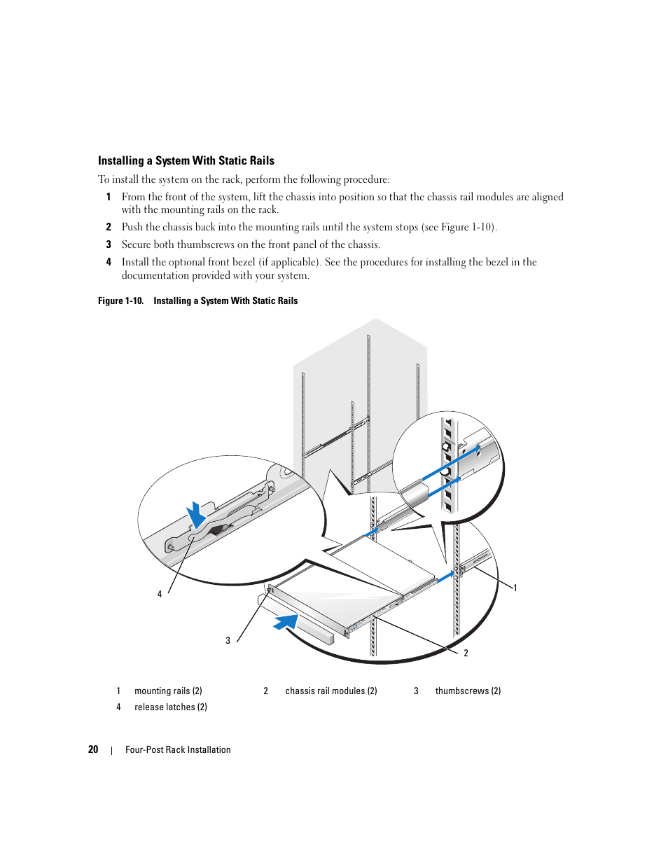 Installing a system with static rails | Dell PowerEdge R300 User Manual | Page 22 / 202