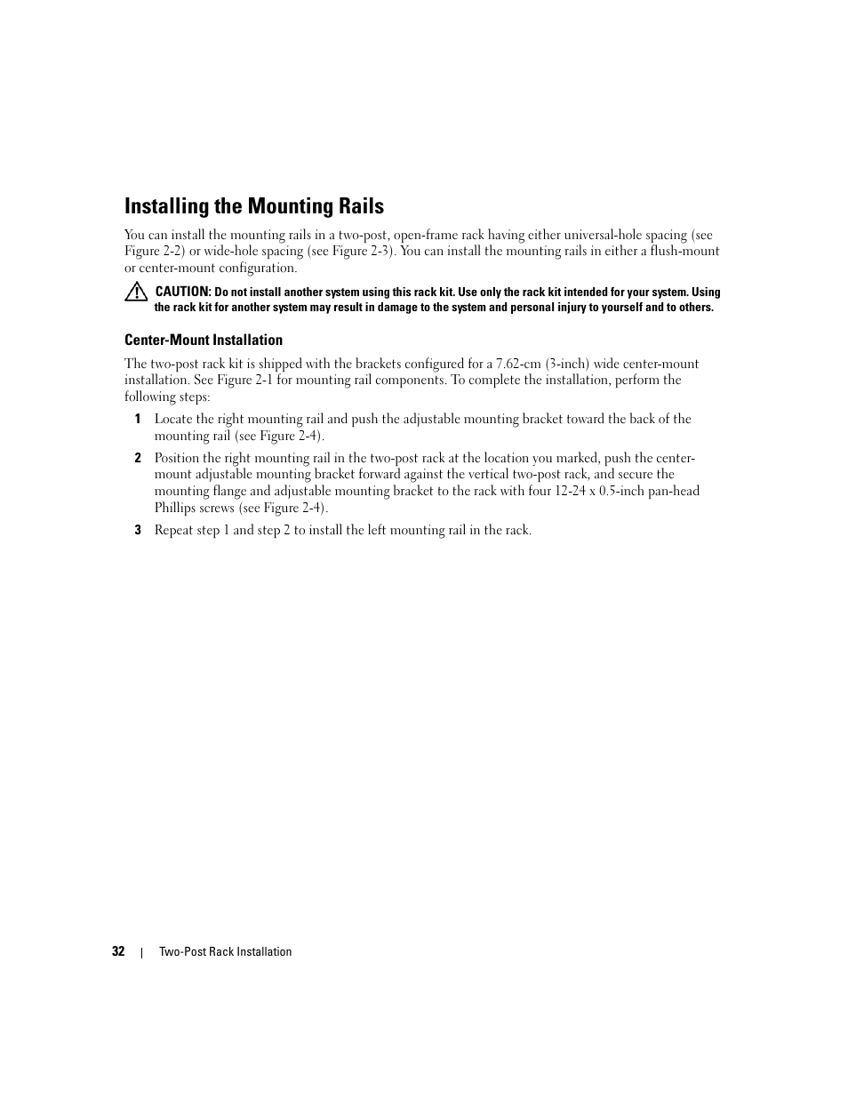 Installing the mounting rails, Center-mount installation | Dell PowerEdge R300 User Manual | Page 34 / 202