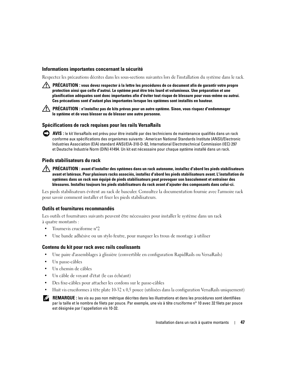 Informations importantes concernant la sécurité, Pieds stabilisateurs du rack, Outils et fournitures recommandés | Contenu du kit pour rack avec rails coulissants | Dell PowerEdge R300 User Manual | Page 49 / 202