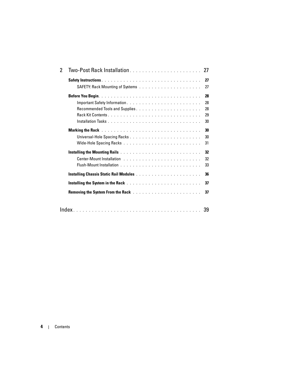 2 two-post rack installation, Index | Dell PowerEdge R300 User Manual | Page 6 / 202