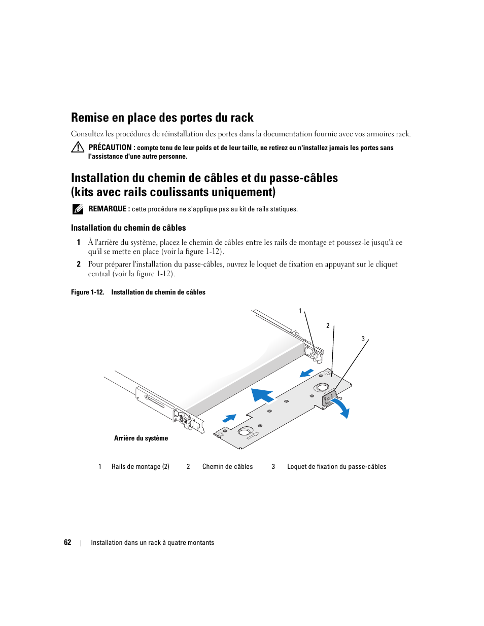 Remise en place des portes du rack, Installation du chemin de câbles | Dell PowerEdge R300 User Manual | Page 64 / 202