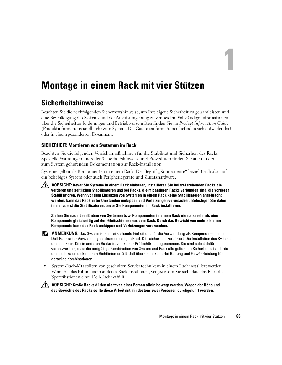 Montage in einem rack mit vier stützen, Sicherheitshinweise, Sicherheit: montieren von systemen im rack | Dell PowerEdge R300 User Manual | Page 87 / 202