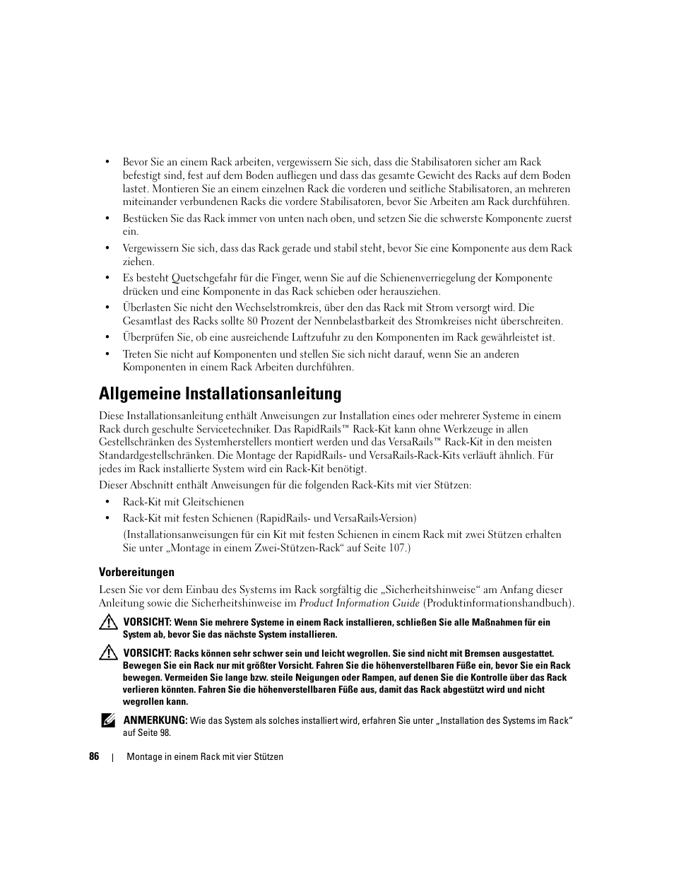 Allgemeine installationsanleitung, Vorbereitungen | Dell PowerEdge R300 User Manual | Page 88 / 202