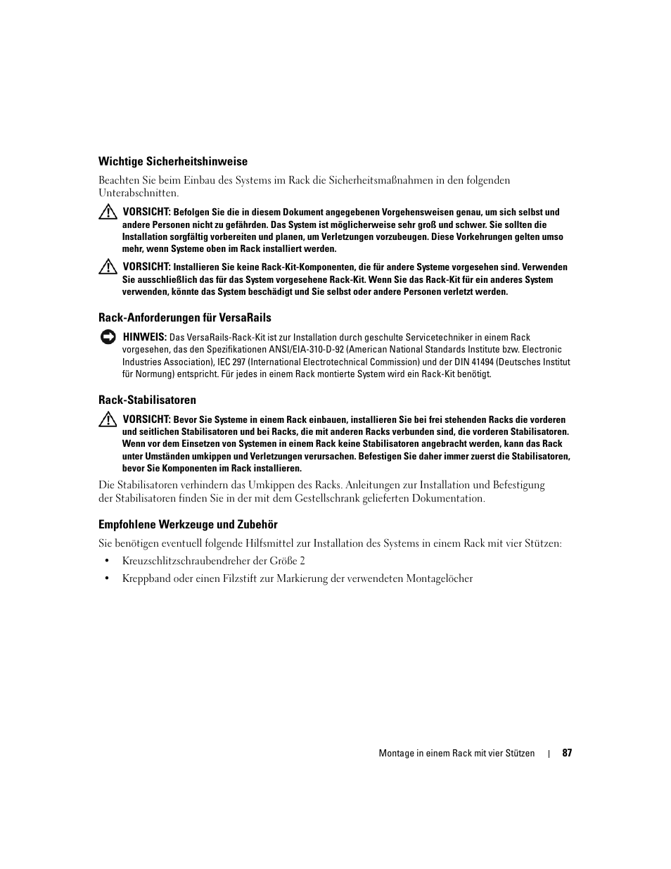 Wichtige sicherheitshinweise, Rack-anforderungen für versarails, Rack-stabilisatoren | Empfohlene werkzeuge und zubehör | Dell PowerEdge R300 User Manual | Page 89 / 202