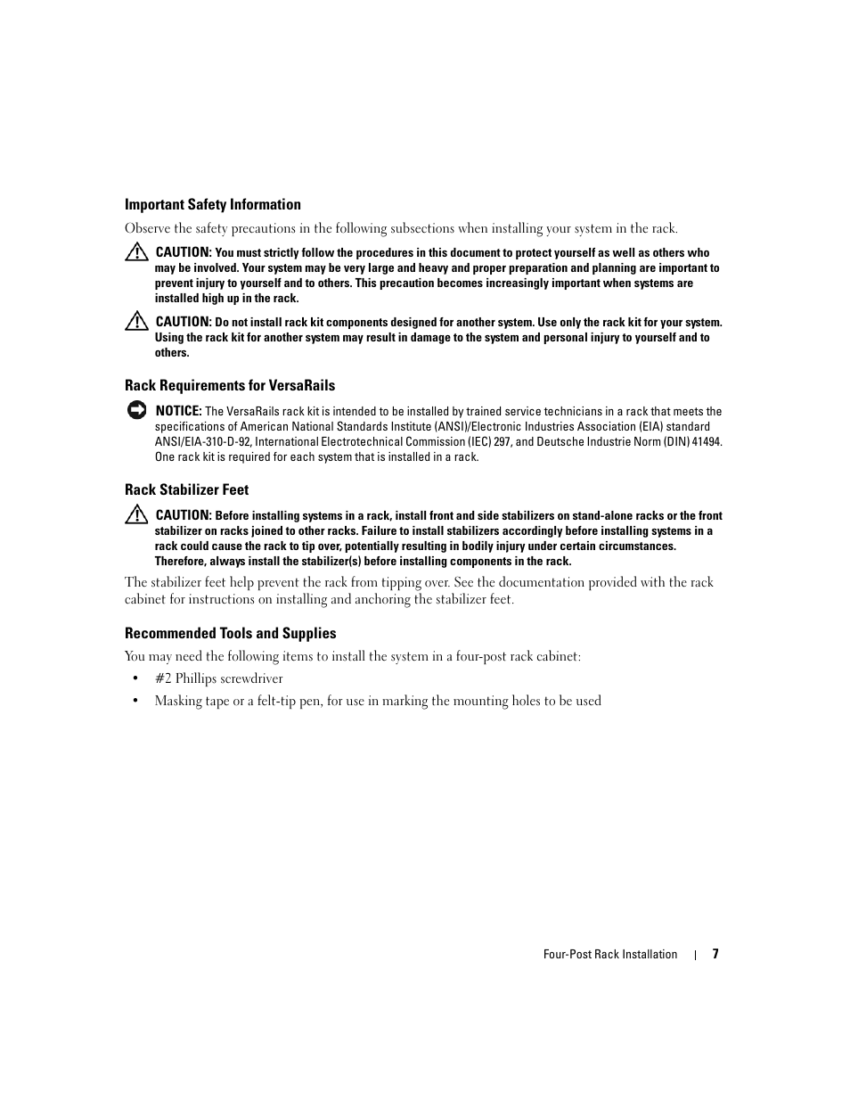 Important safety information, Rack requirements for versarails, Rack stabilizer feet | Recommended tools and supplies | Dell PowerEdge R300 User Manual | Page 9 / 202
