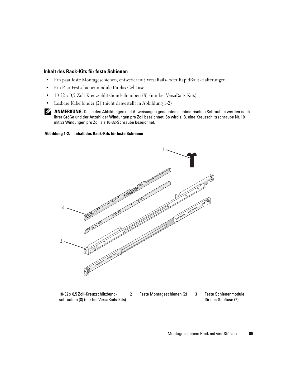 Inhalt des rack-kits für feste schienen | Dell PowerEdge R300 User Manual | Page 91 / 202