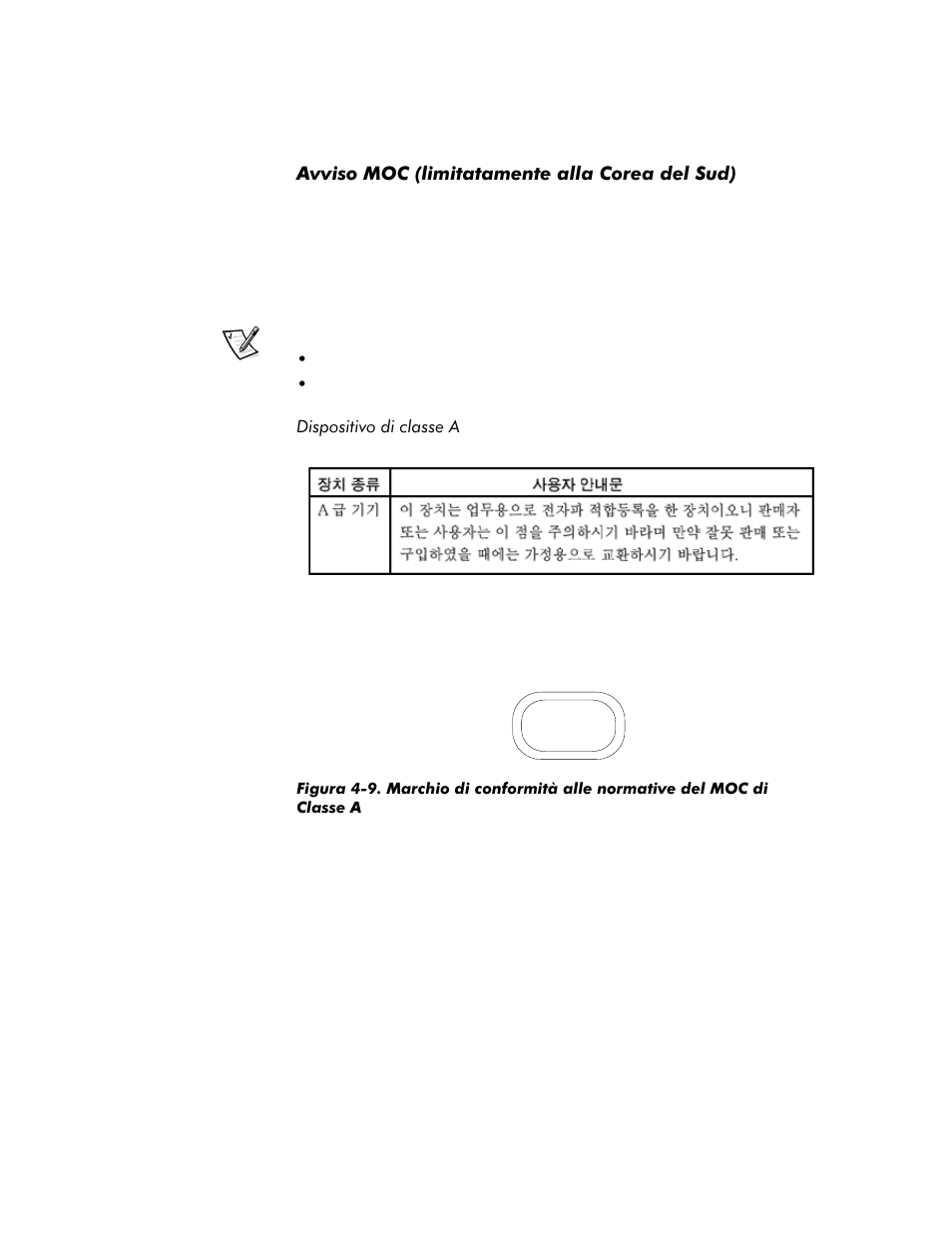 Avviso moc (limitatamente alla corea del sud), Avviso moc (limitatamente alla corea del sud) -19, Dispositivo di classe a -19 | Figura 4-9 | Dell Inspiron 4000 User Manual | Page 117 / 158