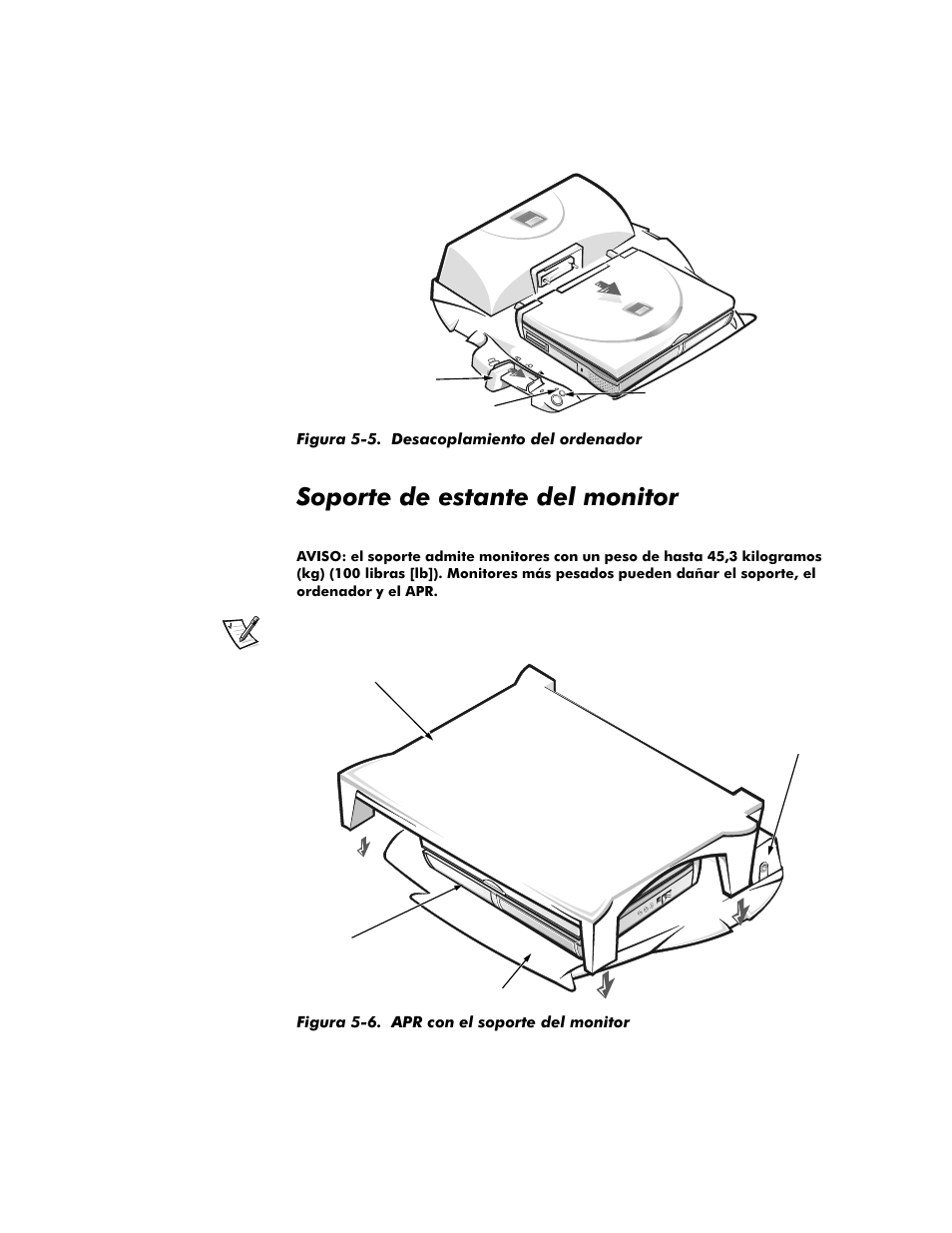 Soporte de estante del monitor, Soporte de estante del monitor -7, Figura 5-5 | Desacoplamiento del ordenador -7, Figura 5-6, Apr con el soporte del monitor -7 | Dell Inspiron 4000 User Manual | Page 139 / 158