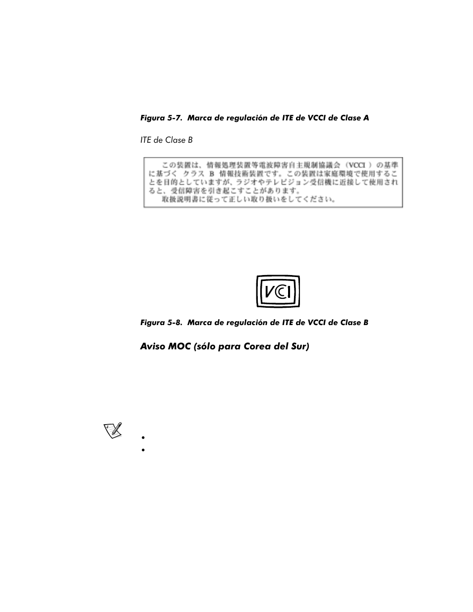 Aviso moc (sólo para corea del sur), Ite de clase b -16, Aviso moc (sólo para corea del sur) -16 | Figura 5-7, Marca de regulación de ite de vcci de clase a -16, Figura 5-8, Marca de regulación de ite de vcci de clase b -16, Vcci-a | Dell Inspiron 4000 User Manual | Page 148 / 158