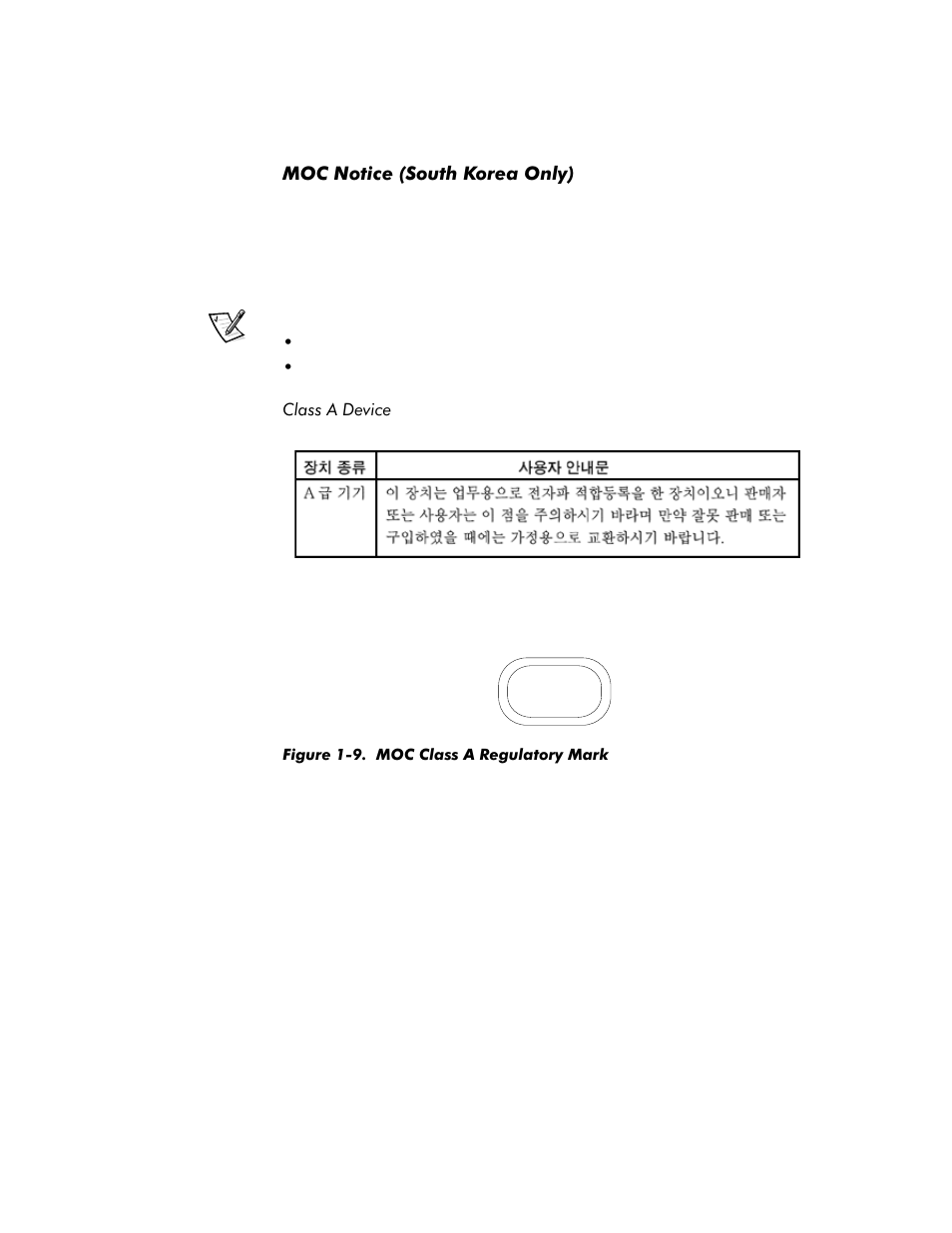 Moc notice (south korea only), Moc notice (south korea only) -16, Class a device -16 | Figure 1-9, Moc class a regulatory mark -16 | Dell Inspiron 4000 User Manual | Page 20 / 158