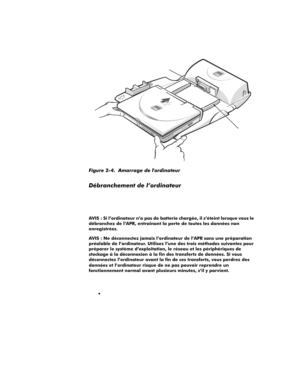 Débranchement de l’ordinateur, Débranchement de l’ordinateur -6, Figure 2-4 | Amarrage de l'ordinateur -6 | Dell Inspiron 4000 User Manual | Page 40 / 158
