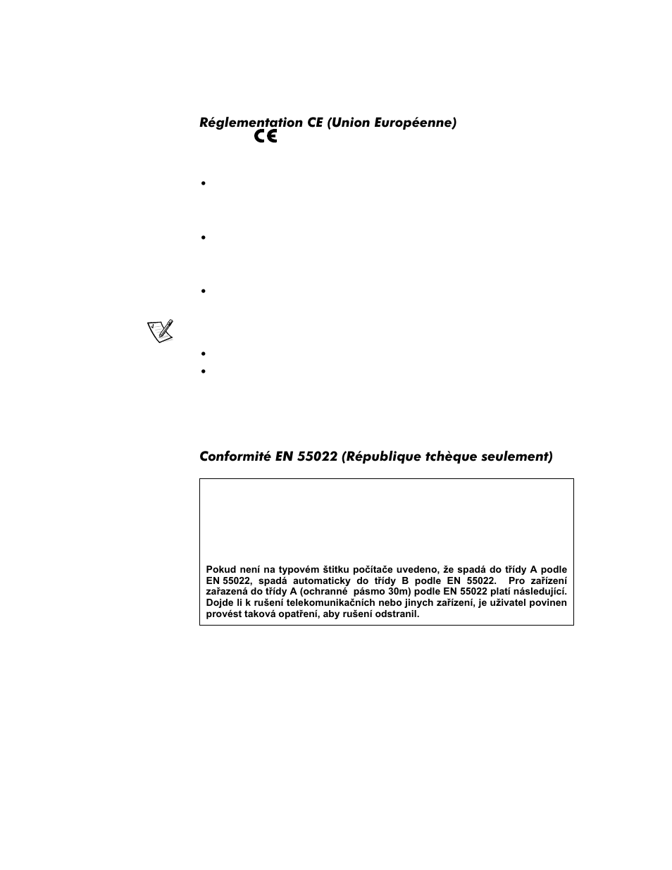 Réglementation ce (union européenne), Conformité en 55022 (république tchèque seulement), Réglementation ce (union européenne) -16 | Dell Inspiron 4000 User Manual | Page 50 / 158