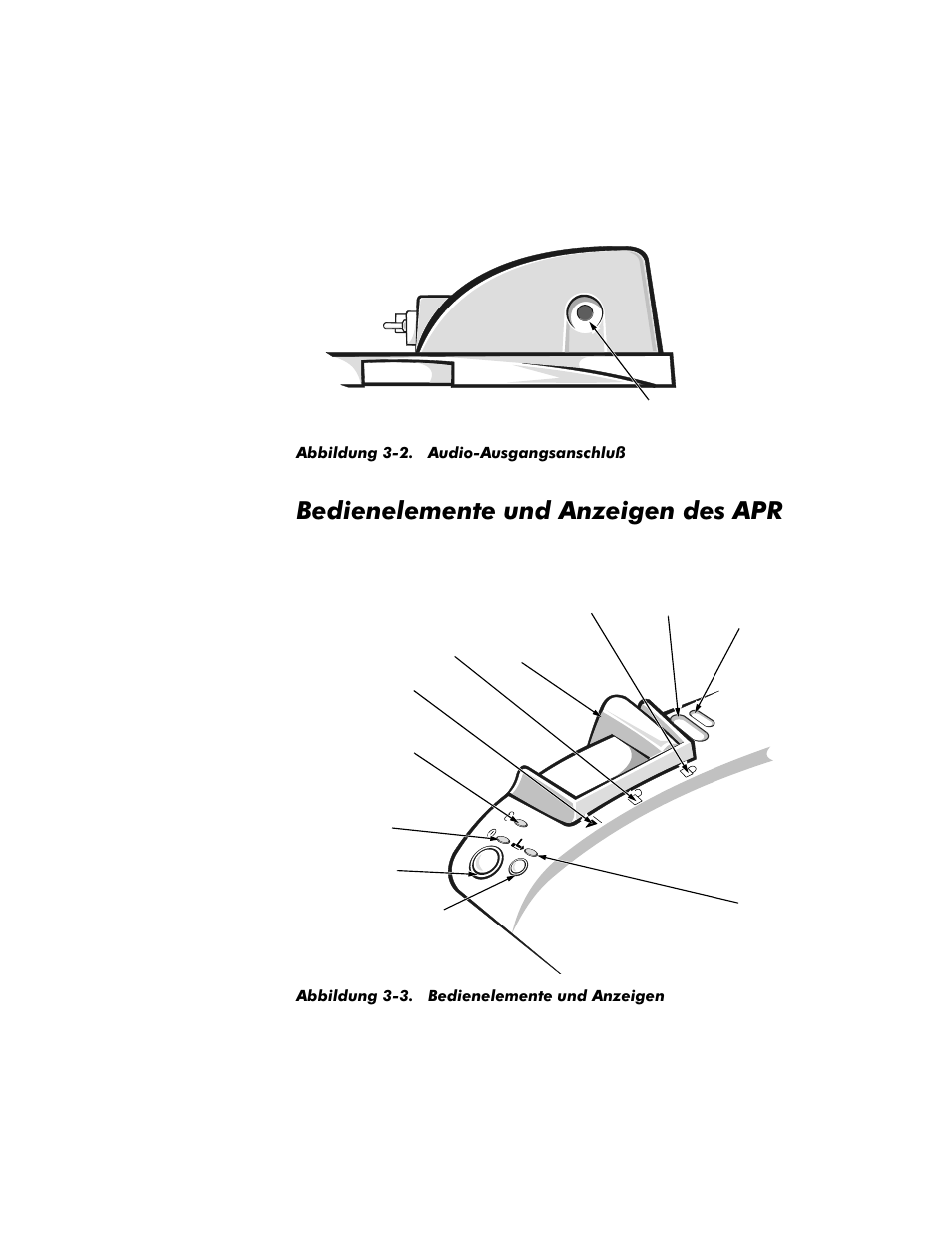 Bedienelemente und anzeigen des apr, Bedienelemente und anzeigen des apr -3, Abbildung 3-2 | Audio-ausgangsanschluß -3, Abbildung 3-3, Bedienelemente und anzeigen -3 | Dell Inspiron 4000 User Manual | Page 69 / 158