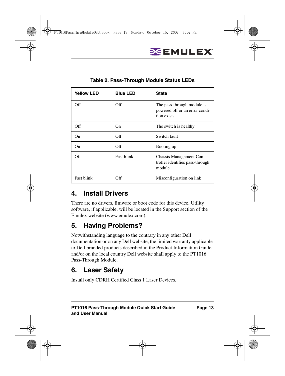 Install drivers, Having problems, Laser safety | Dell PowerEdge M805 User Manual | Page 13 / 80