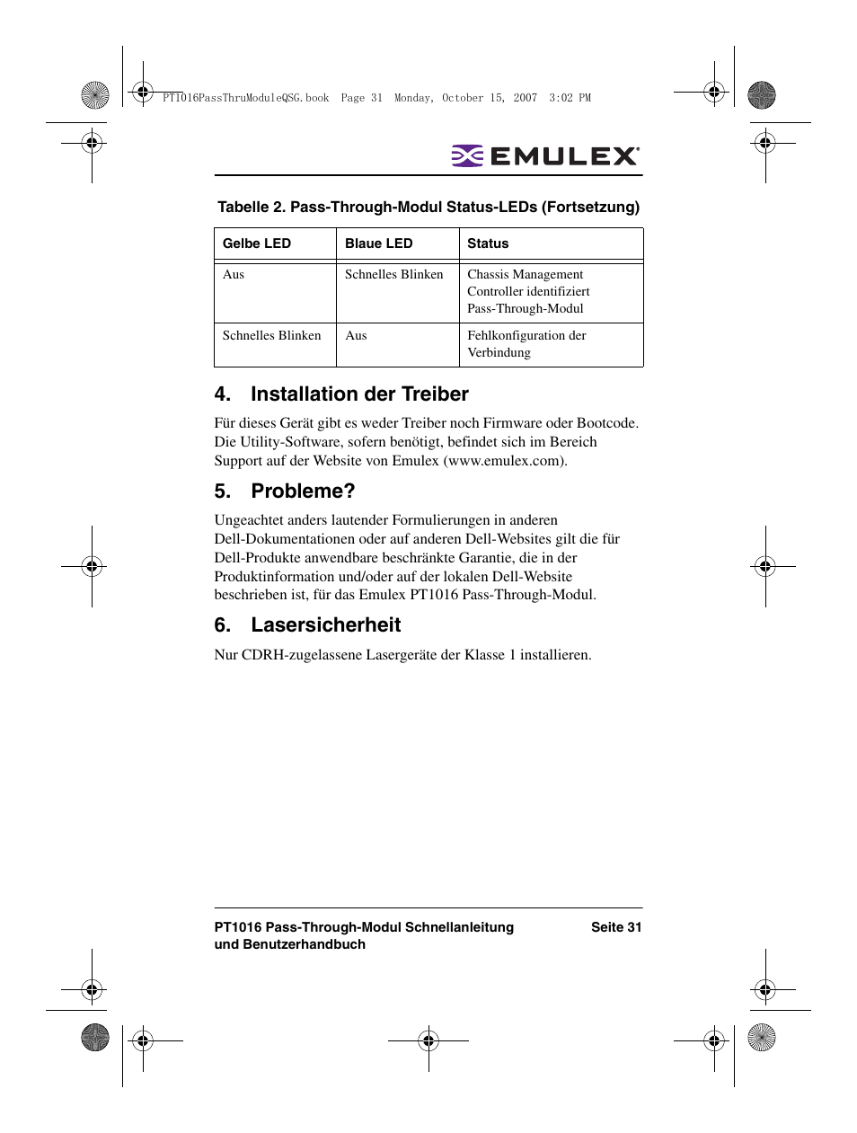 Installation der treiber, Probleme, Lasersicherheit | Dell PowerEdge M805 User Manual | Page 31 / 80