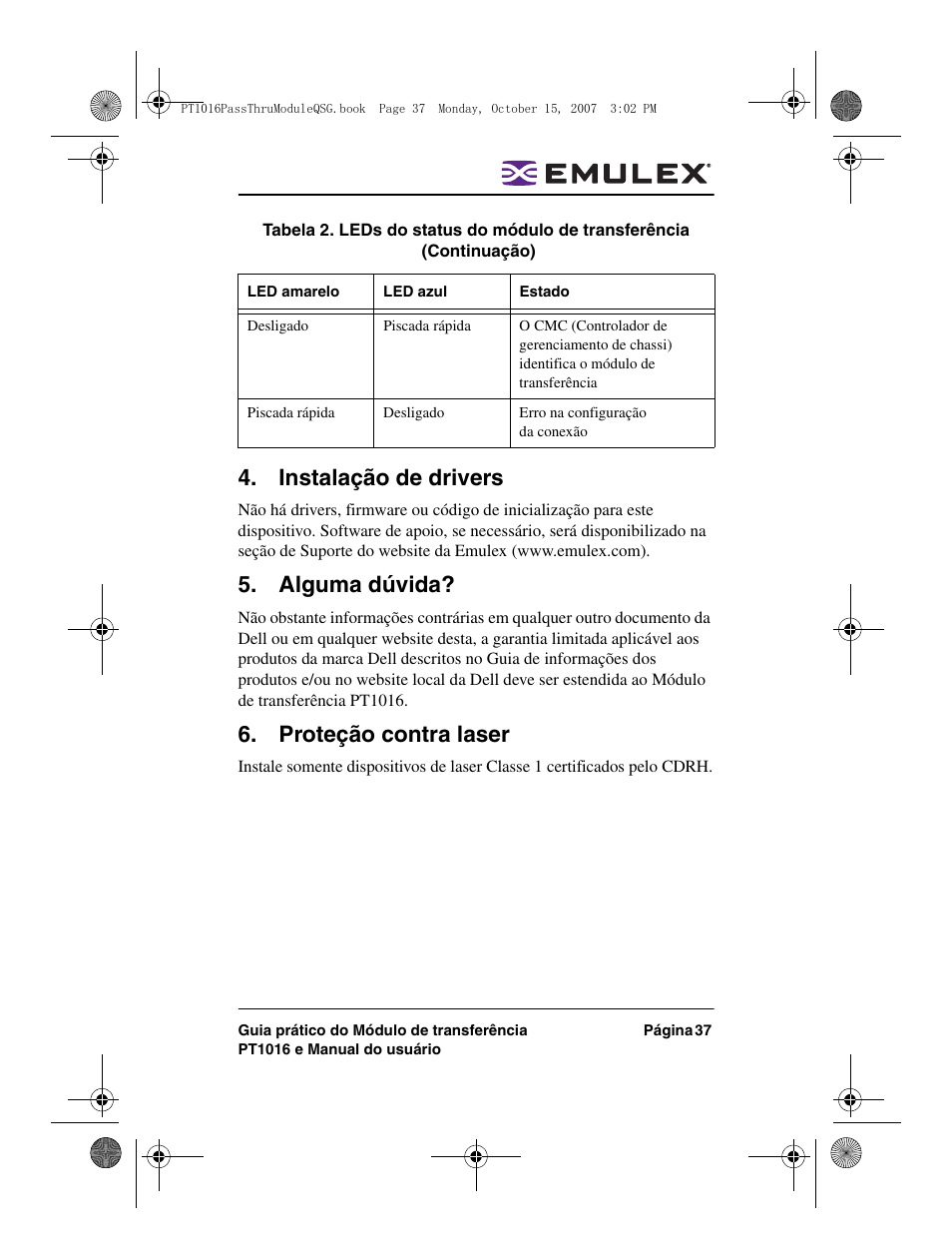 Instalação de drivers, Alguma dúvida, Proteção contra laser | Dell PowerEdge M805 User Manual | Page 37 / 80