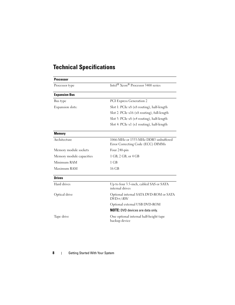 Technical specifications | Dell PowerEdge T110 User Manual | Page 10 / 50