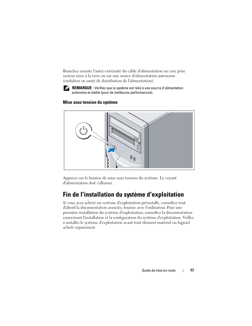 Mise sous tension du système, Fin de l'installation du système d'exploitation | Dell PowerEdge T110 User Manual | Page 19 / 50