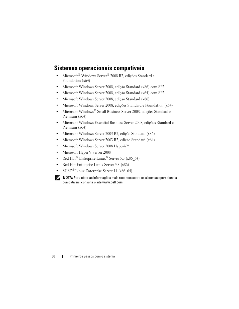 Sistemas operacionais compatíveis | Dell PowerEdge T110 User Manual | Page 32 / 50