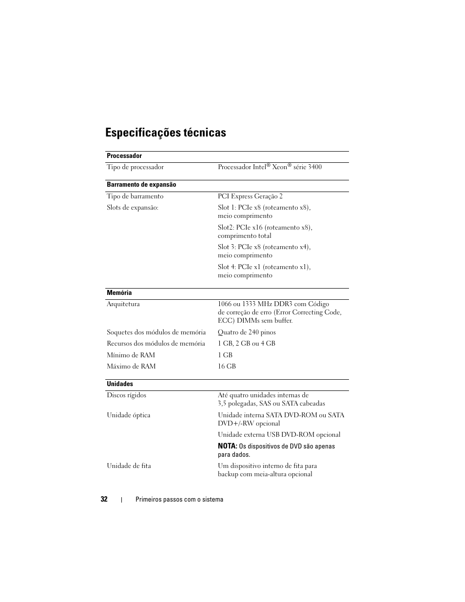 Especificações técnicas | Dell PowerEdge T110 User Manual | Page 34 / 50