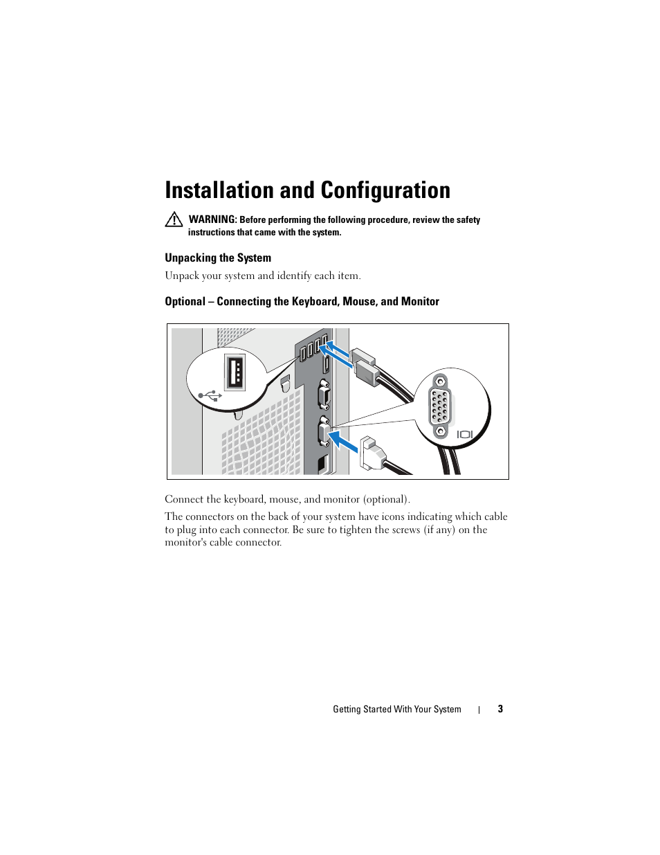 Installation and configuration, Unpacking the system | Dell PowerEdge T110 User Manual | Page 5 / 50