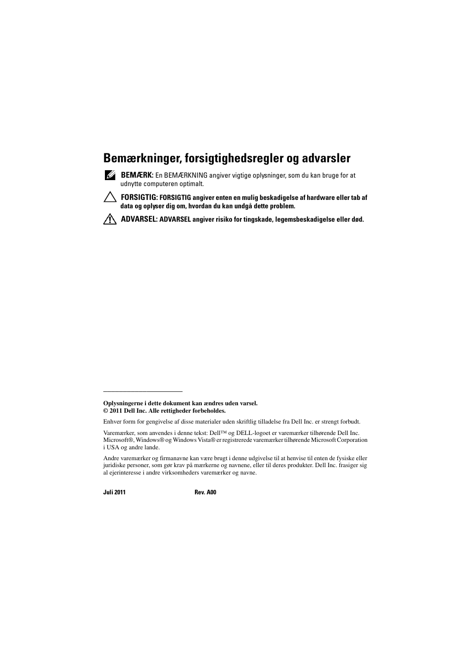 Bemærkninger, forsigtighedsregler og advarsler | Dell Latitude XT3 (Mid 2011) User Manual | Page 10 / 88