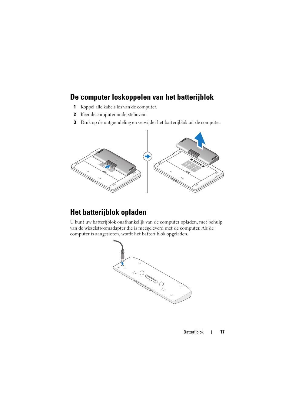 De computer loskoppelen van het batterijblok, Het batterijblok opladen | Dell Latitude XT3 (Mid 2011) User Manual | Page 19 / 88