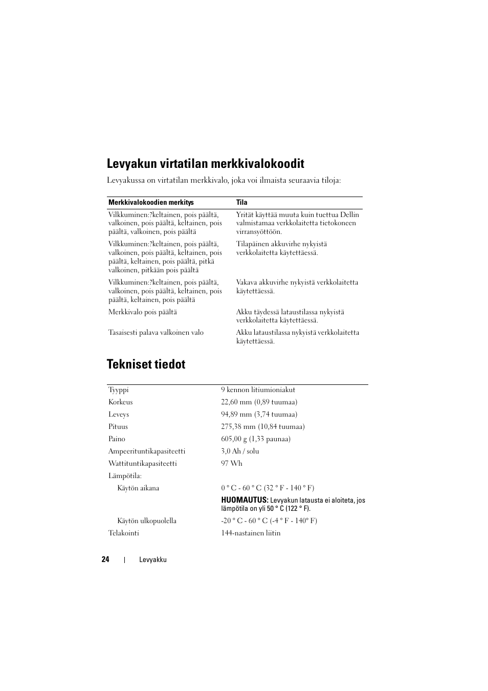 Levyakun virtatilan merkkivalokoodit, Tekniset tiedot | Dell Latitude XT3 (Mid 2011) User Manual | Page 26 / 88