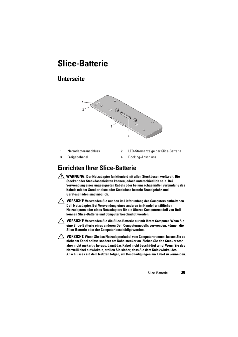 Slice-batterie, Unterseite einrichten ihrer slice-batterie | Dell Latitude XT3 (Mid 2011) User Manual | Page 37 / 88