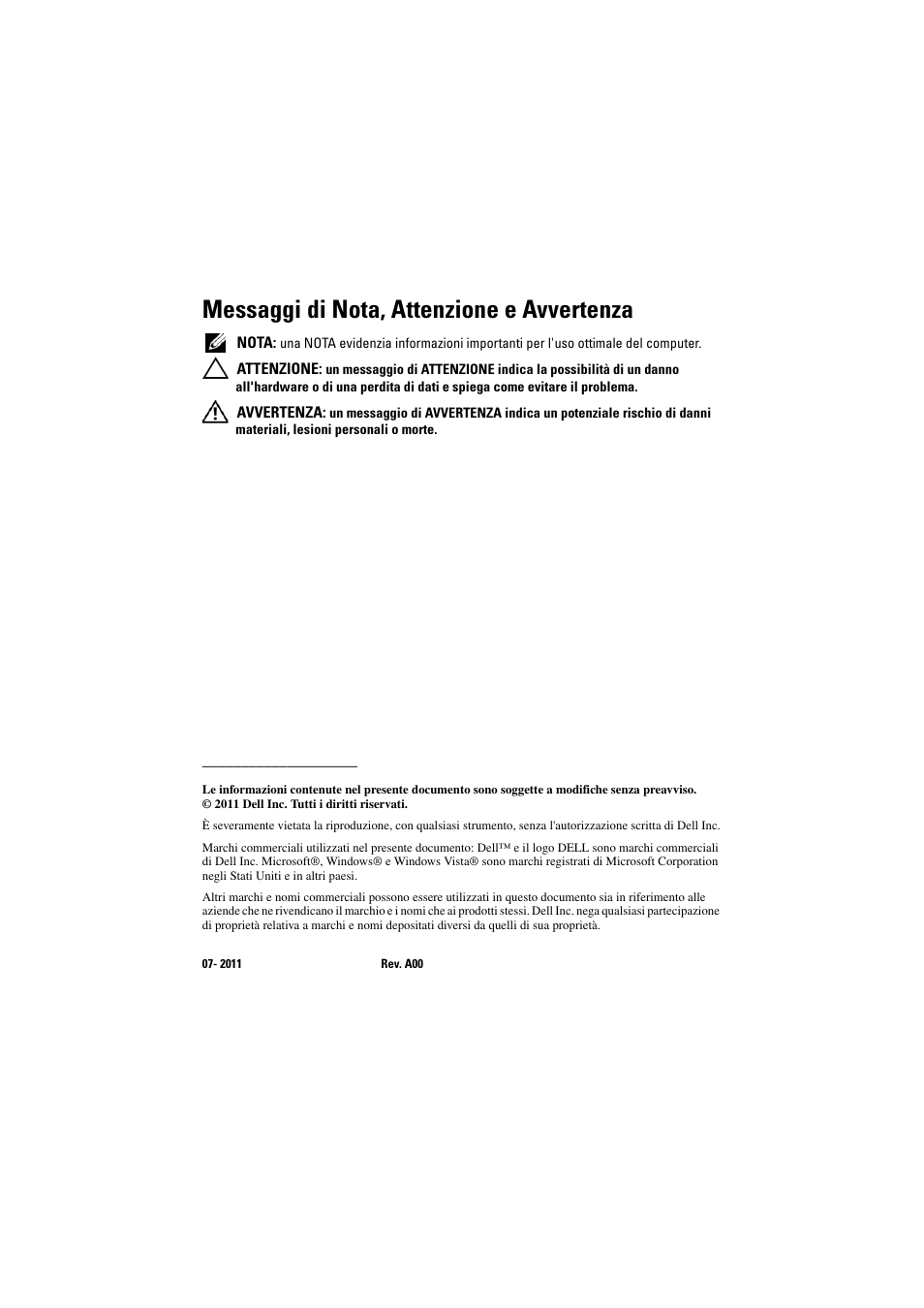 Messaggi di nota, attenzione e avvertenza | Dell Latitude XT3 (Mid 2011) User Manual | Page 44 / 88