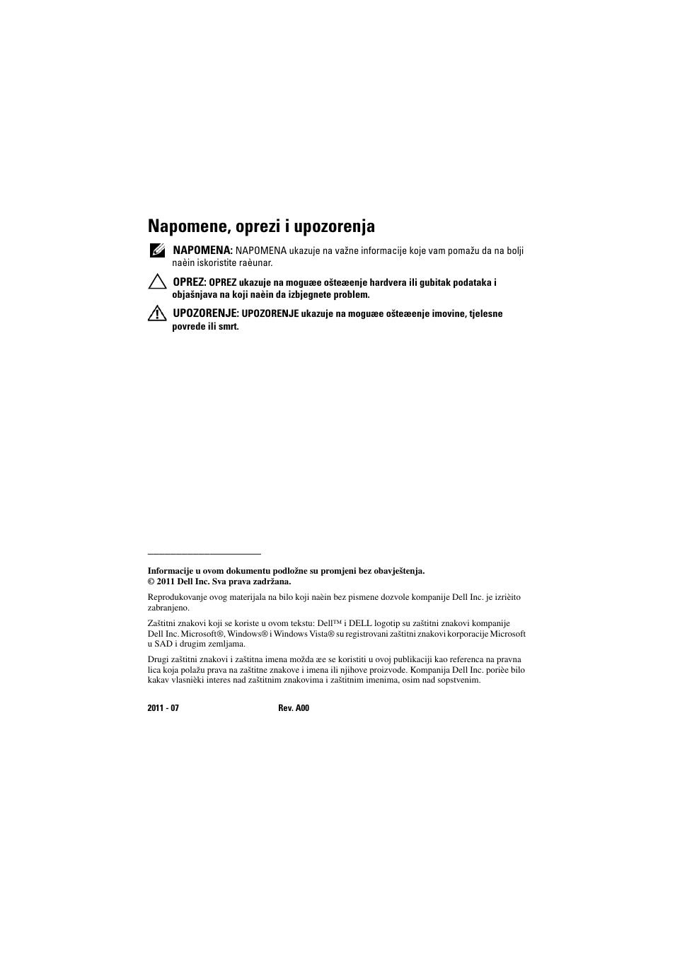Napomene, oprezi i upozorenja | Dell Latitude XT3 (Mid 2011) User Manual | Page 52 / 88
