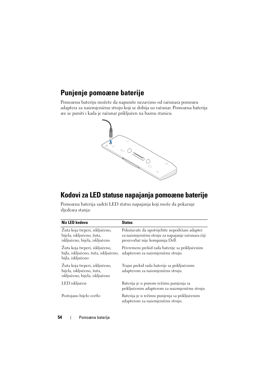 Punjenje pomoæne baterije, Kodovi za led statuse napajanja pomoæne baterije | Dell Latitude XT3 (Mid 2011) User Manual | Page 56 / 88
