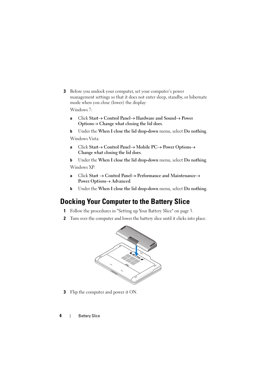 Docking your computer to the battery slice | Dell Latitude XT3 (Mid 2011) User Manual | Page 6 / 88