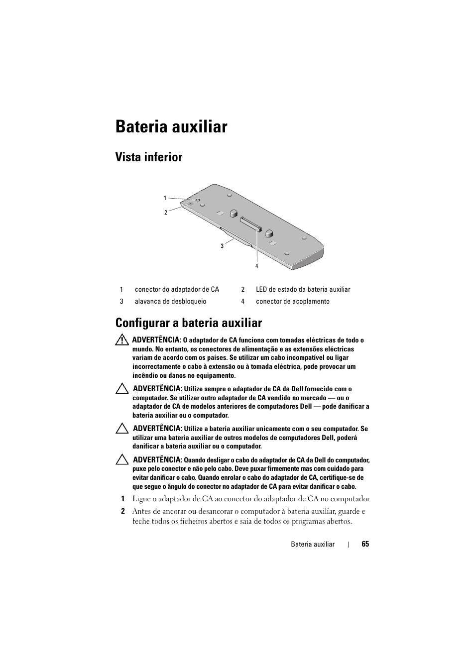 Bateria auxiliar, Vista inferior configurar a bateria auxiliar | Dell Latitude XT3 (Mid 2011) User Manual | Page 67 / 88