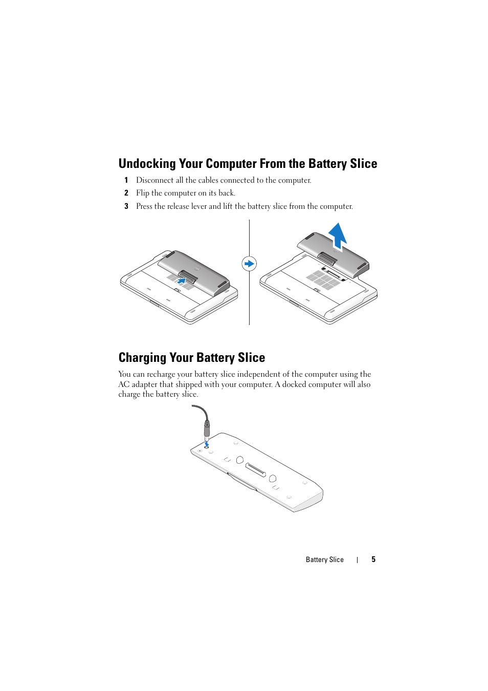 Undocking your computer from the battery slice, Charging your battery slice | Dell Latitude XT3 (Mid 2011) User Manual | Page 7 / 88