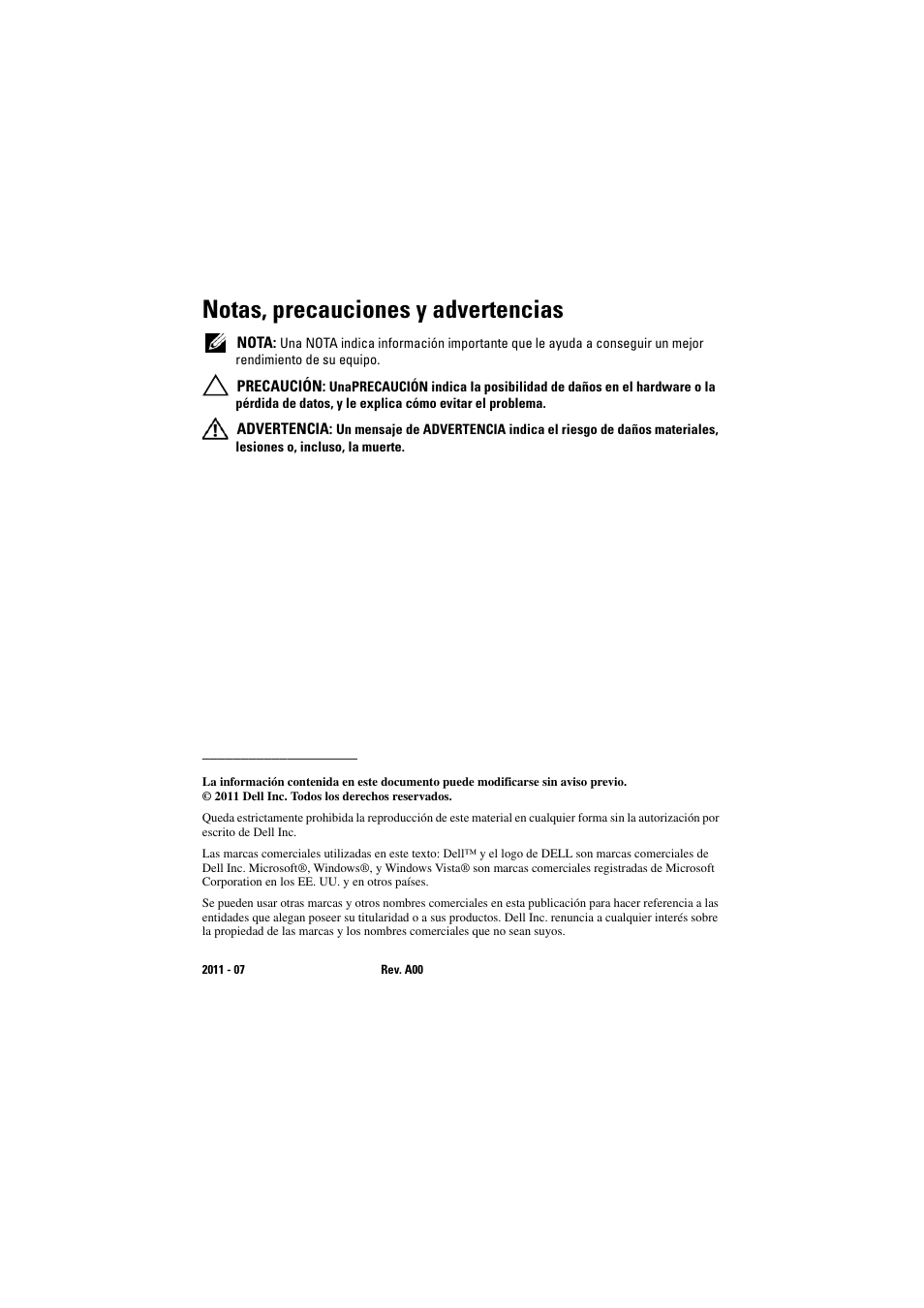 Notas, precauciones y advertencias | Dell Latitude XT3 (Mid 2011) User Manual | Page 72 / 88