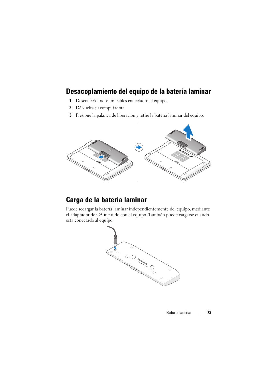 Desacoplamiento del equipo de la batería laminar, Carga de la batería laminar | Dell Latitude XT3 (Mid 2011) User Manual | Page 75 / 88