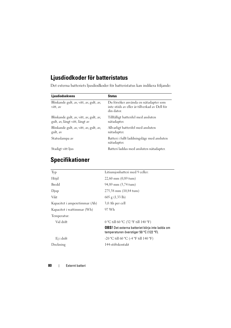 Ljusdiodkoder för batteristatus, Specifikationer | Dell Latitude XT3 (Mid 2011) User Manual | Page 82 / 88