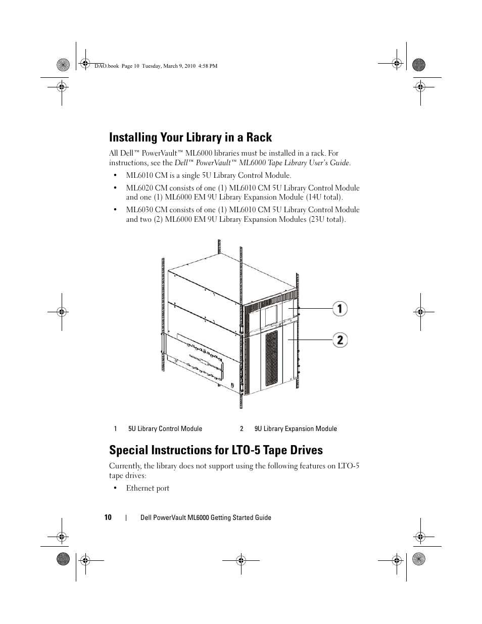 Installing your library in a rack, Special instructions for lto-5 tape drives | Dell PowerVault ML6000 User Manual | Page 10 / 56