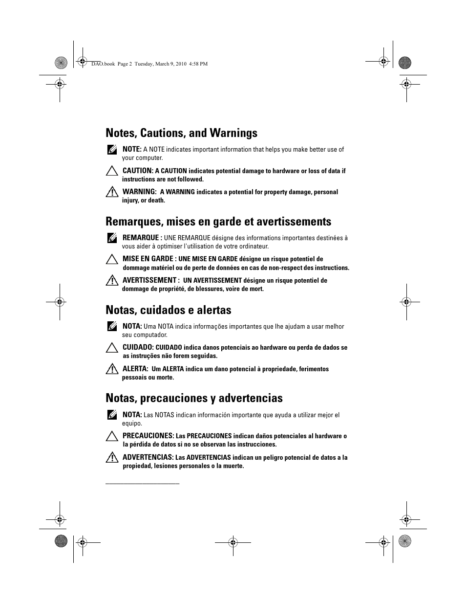 Remarques, mises en garde et avertissements, Notas, cuidados e alertas, Notas, precauciones y advertencias | Dell PowerVault ML6000 User Manual | Page 2 / 56