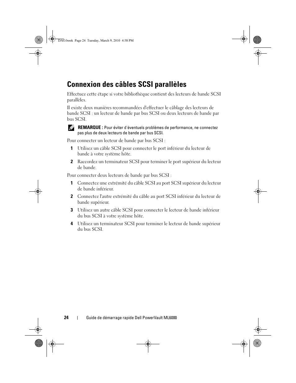 Connexion des câbles scsi parallèles | Dell PowerVault ML6000 User Manual | Page 24 / 56