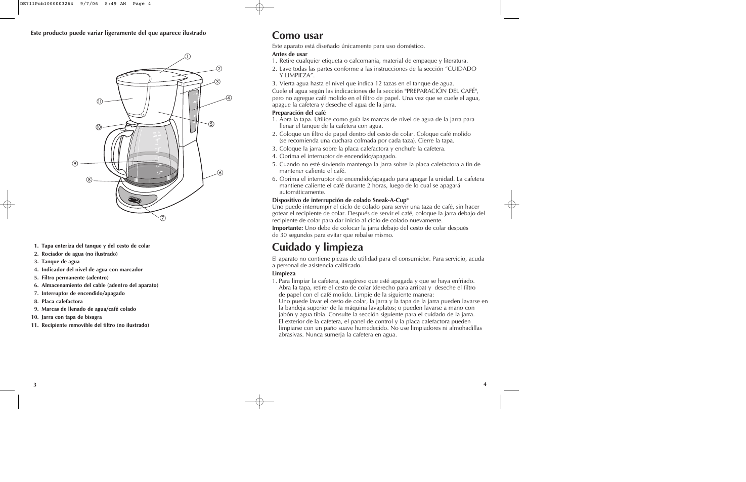 Como usar, Cuidado y limpieza | Black & Decker DE711 User Manual | Page 3 / 9