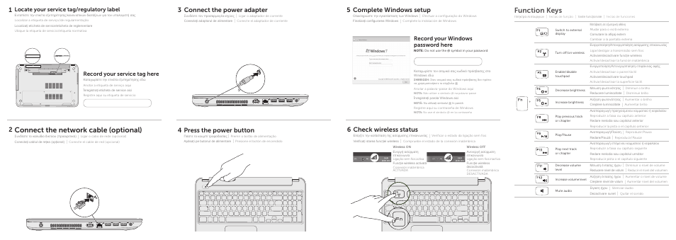 Function keys, Connect the network cable (optional), 13 2 press the power button | Complete windows setup, 5check wireless status, Connect the power adapter, Record your windows password here, Locate your service tag/regulatory label, Record your service tag here | Dell Inspiron 15 (3521, Late 2012) User Manual | Page 2 / 2